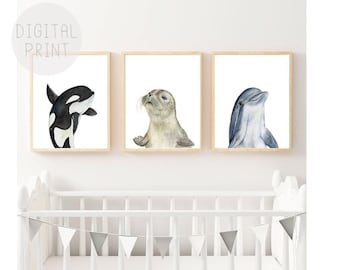 Set von 3 Ozean-Kinderzimmer-Dekoration, DRUCKBAR, Meerestiere Kunst, Orca-Druck, Delfin-Druck, Otter-Druck, Robben-Druck, Maritime Drucke fürs Kinderzimmer