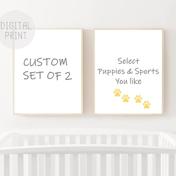 Custom Set of 2 Puppy and Sports Prints, PRINTABLE, Nursery Wall Art, Gender Neutral Nursery Decor