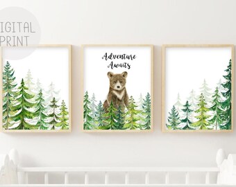 Woodland Nursery Prints, Watercolor Bear, Nature Art (Digital Download)