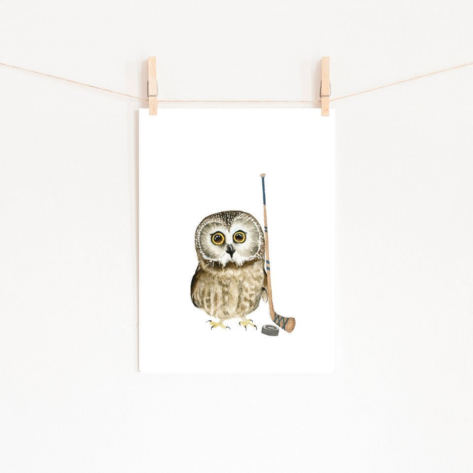 Baby Owl Hockey Art Print, Boy Nursery Decor (Digital Download)