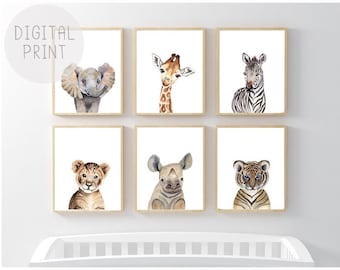 Set von 6 Safari Kindergarten Druck Baby Tier Drucke afrikanischen wilden Tier Aquarell Malerei Geschlecht Neutral Kinderzimmer Dekor Wand Kunst druckbare