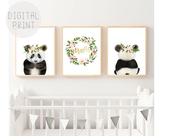 Custom Baby Name Panda Nursery Decor, Pink Floral Wreath Art (Digital Download)
