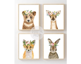 Woodland Animals Nursery Prints, Watercolor Flower Crown (Digital Download)