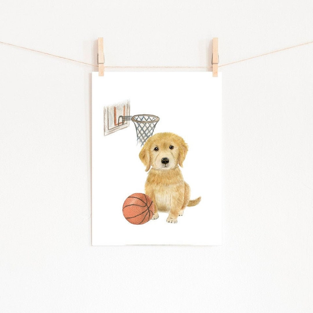 Basketball Nursery Print, PRINTABLE, Golden Retriever Puppy Playing