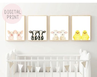 Set of 4 Twins Nursery Wall Art, PRINTABLE, Farm Baby Animals Prints, Gift for Twins, Twins Nursery Décor, Twin Baby Room Wall Art