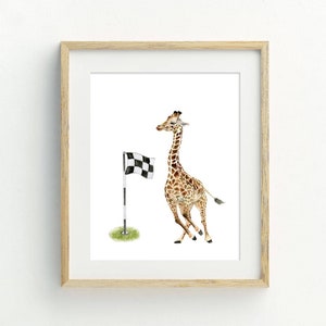 May include: A watercolor illustration of a giraffe running towards a checkered finish line flag. The giraffe is brown and white with a long neck and long legs. The flag is black and white and is on a pole.