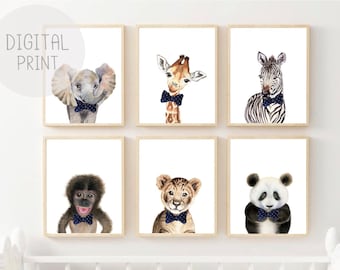 Safari Animal Nursery Prints, Navy Bow Ties (Digital Download)