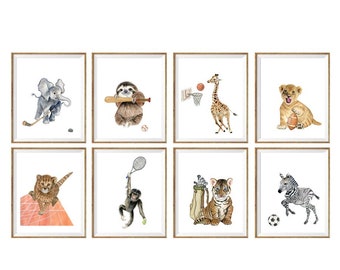 Animals Print Set of 8 Watercolor Nursery Painting Decor Safari Animals Playing Sports Baby Animals Wall Art Printable