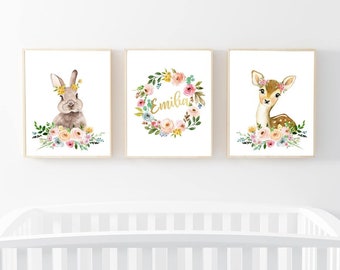 Benutzerdefinierte Baby Name Kinderzimmer Druck, Waldtiere Drucke (3er Set) (Digitaler Download)
