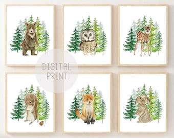 Woodland Animal Nursery Prints, Watercolor Forest Art (Digital Download)
