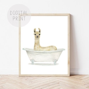 Llama in a Bathtub Print, Child&#39;s Bathroom Art PRINTABLE, Alpaca Taking a Bath, Bathroom Décor, Kids Bathroom Wall Art. Llama Art Print