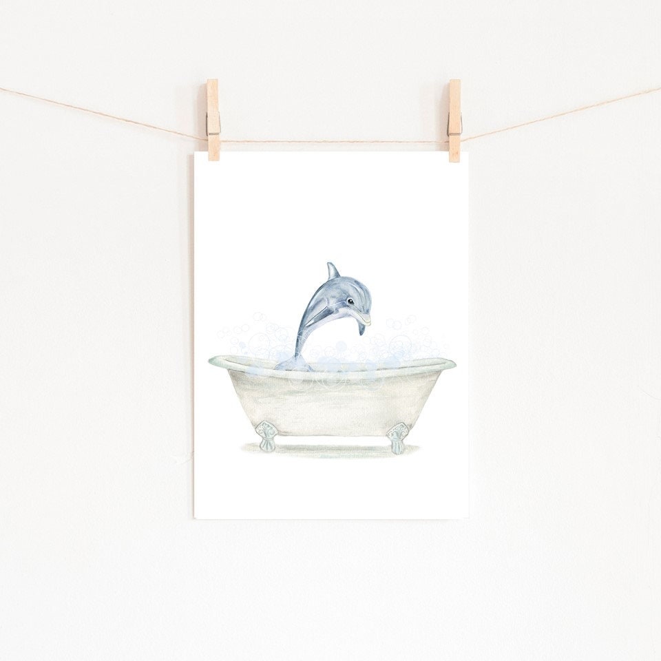 Dolphin Bathtub Bathroom Art PRINTABLE Baby Dolphin Bathing Etsy UK