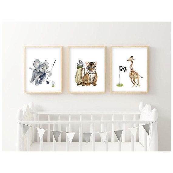 Golf Animals Watercolor Print Set, Safari Nursery Decor (Digital Download)
