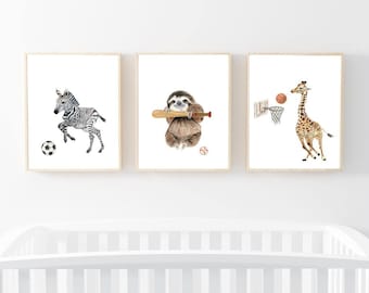Sports Animals Nursery Prints, Watercolor Safari Art (Set of 3) (Digital Download)