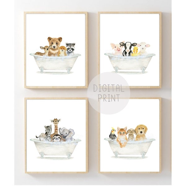 Set van 4 babydieren in een vintage badkuip, afdrukbaar, badkamermuurkunst, dieren in badkuip, kinderbadkamermuurkunst