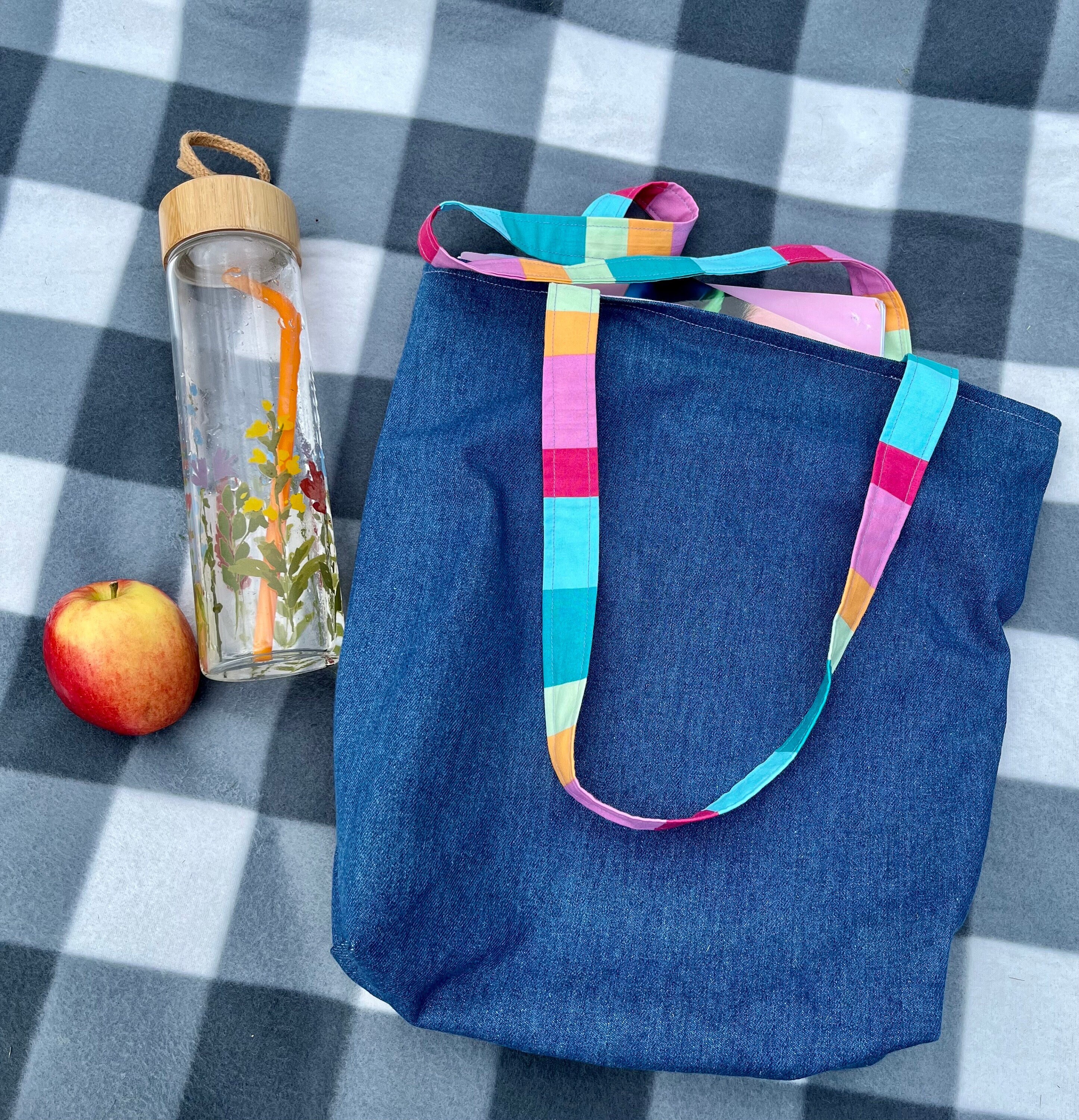 Denim Tote Bag, Rainbow Stripe, Stripe,lined Tote Bag With