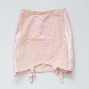 May include: A pale pink high-waisted girdle featuring a central vertical panel of floral lace, smooth satin side panels, and four adjustable garter straps with metal clips attached to the bottom hem for securing hosiery in place.