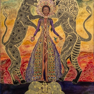 Origineel schilderij leeuwin godin: bladgoud, vrouwelijke energiekunst (48 x 60 inch)