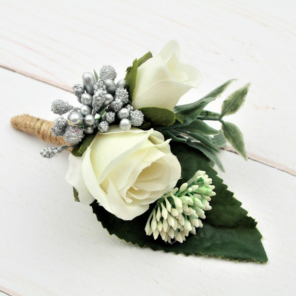 Wedding boutonniere for men White rose boutonniere Groom buttonhole flower boutonniere Rustic boutineer Greenery boutonniere pins winter
