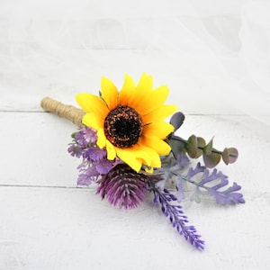 Purple boutonniere for men Sunflower buttonhole flower boutonniere Wedding boutonniere lavender Greenery boutonniere Thistle boutonniere