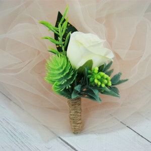 Wedding Boutonniere: White Rose, Twine Wrapped Stem