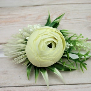 Bridal Wrist Corsage: White Rose & Greenery Wedding Accessory