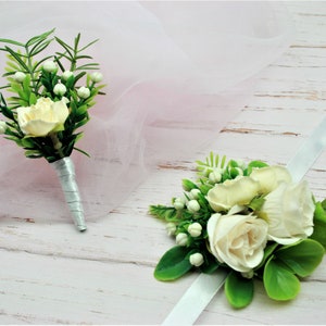 Prom corsage and boutonniere set White prom boutonniere for men Wedding boutonniere bridal wrist corsage for prom Flower wrist corsage