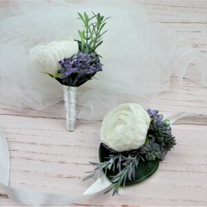 Bridal wrist corsage and boutonniere set Corsage prom Flower wrist corsage White boutonniere for men Wedding boutonniere Prom corsage