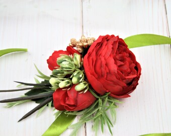 Red Rose Wrist Corsage: Boho Bridal Bridesmaid Flower