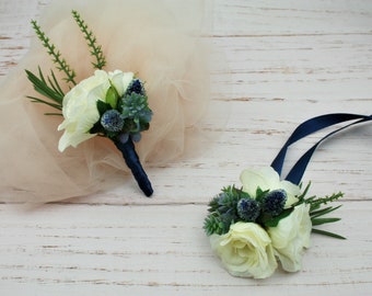 Handmade Navy Prom Corsage and Boutonniere Set