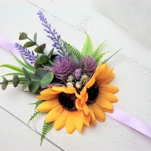 Sunflower corsage Bridal wrist corsage Wedding corsage prom Flower wrist corsage Yellow corsage Succulent jewelry Lavender corsage thistle