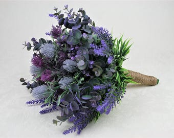 Ramo de eucalipto, lavanda y cardo: ramo bohemio para niña de las flores.
