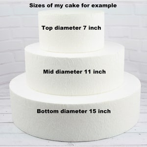 May include: A three-tiered white cake with the text "Sizes of my cake for example" at the top. The tiers are labeled with their diameters: "Top diameter 7 inch", "Mid diameter 11 inch", and "Bottom diameter 15 inch".