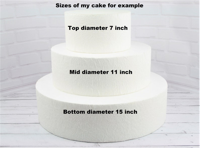 May include: A three-tiered white cake with the text "Sizes of my cake for example" at the top. The tiers are labeled with their diameters: "Top diameter 7 inch", "Mid diameter 11 inch", and "Bottom diameter 15 inch".
