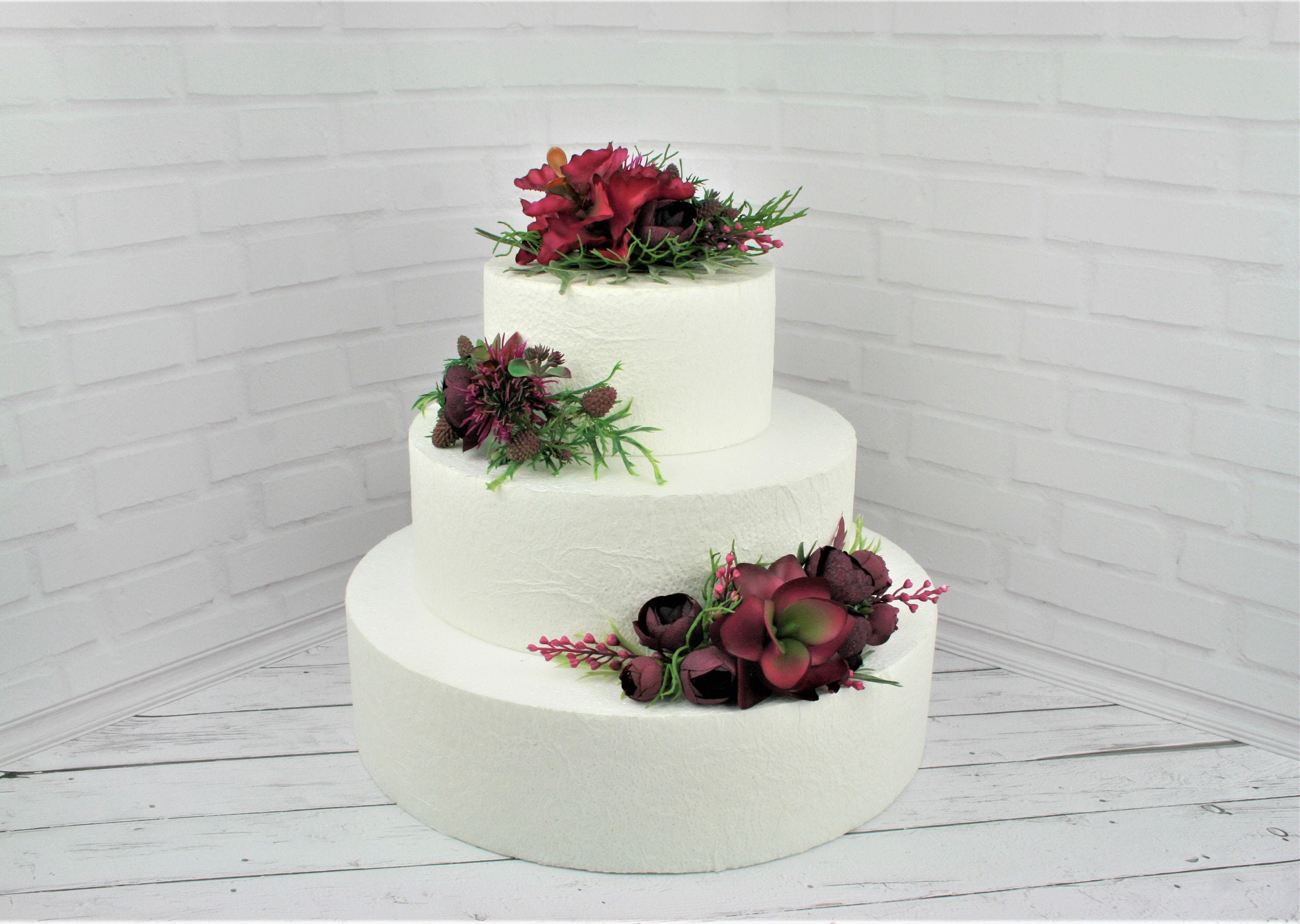 Rustic Burgundy Floral Wedding Cake Topper: Faux Succulents & Greenery