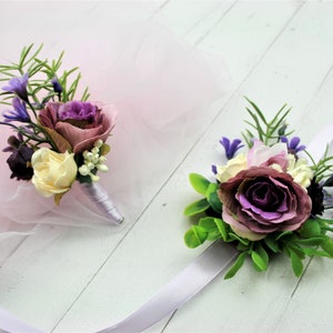 Purple Floral Corsage & Boutonniere Set: Handmade Wedding Prom Flowers