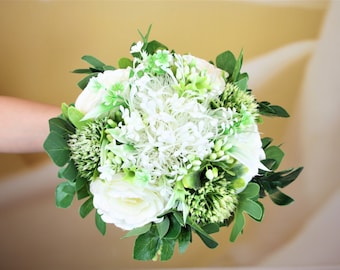 Ramo de novia de rosas blancas con suculentas – Flores artificiales para boda – Ramo rústico elegante para recuerdo