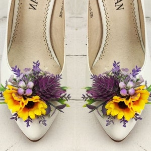 Sunflower Wedding Shoe Clips: Thistle & Lavender Floral Bridal Accessory