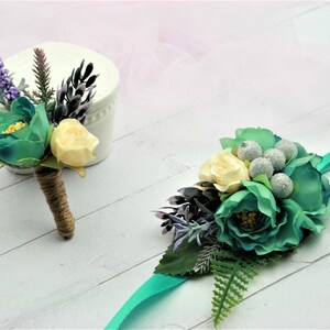 Bridal wrist corsage and boutonniere set Turqoise boutonniere for men Prom corsage Wedding boutonniere Corsage prom Flower wrist corsage
