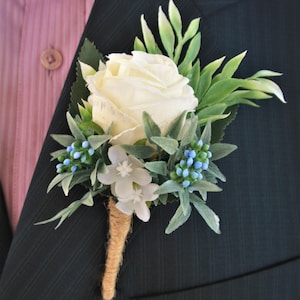 White Rose Wedding Boutonniere: Groom Buttonhole with Greenery