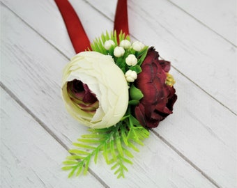 White & Burgundy Floral Wrist Corsage: Rustic Wedding Accessory