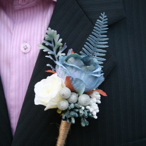 Dusty Blue Wedding Boutonniere: Blush & White Flowers, Greenery