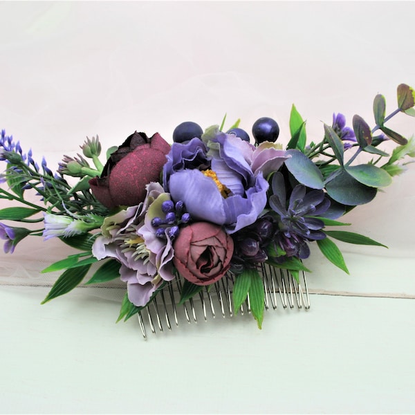 Purple hair comb Floral hair comb Burgundy hair comb Succulent hair comb Greenery hair comb Flower hair comb Burgundy hair piece eucalyptus