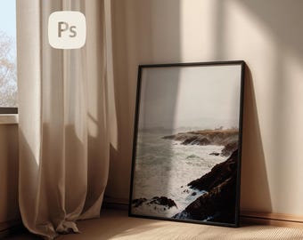 Thin Black Frame Poster Mockup: PSD Smart Object + PNG