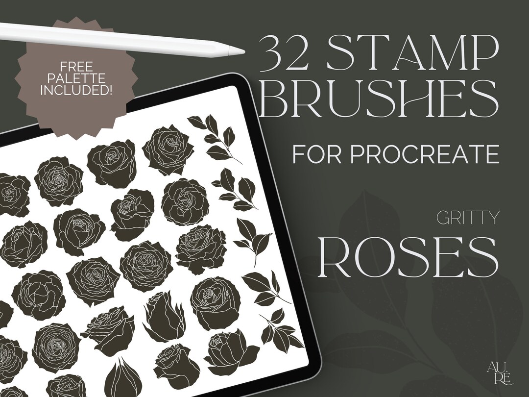 Rose Procreate Stamp Set - Distressed Texture - Block Print Style Roses ...