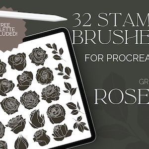 Rose Procreate Stamp Set - Distressed Texture - Block Print Style Roses - Commercial Use Procreate Brushes
