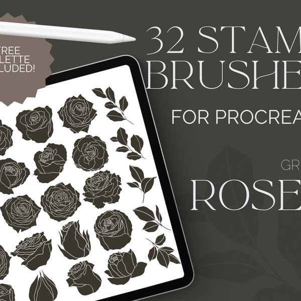 Rose Procreate Stamp Set - Distressed Texture - Block Print Style Roses - Commercial Use Procreate Brushes