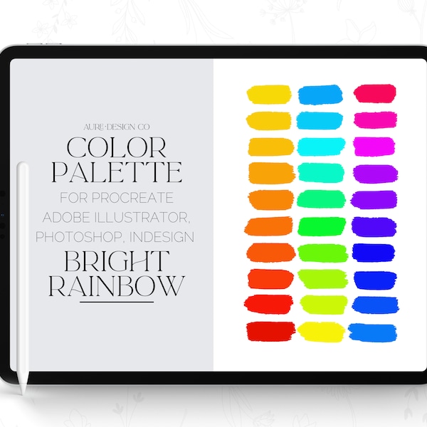 Bright Rainbow Color Palette for Procreate, Adobe Illustrator, Photoshop, and InDesign - Basic Color Swatches  for Digital Art