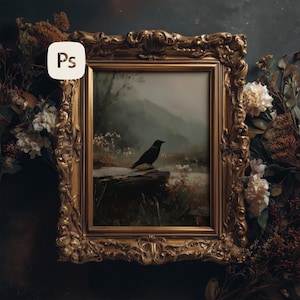 Ornate Gold Frame Mockup for Fine Art: PSD Smart Object + PNG
