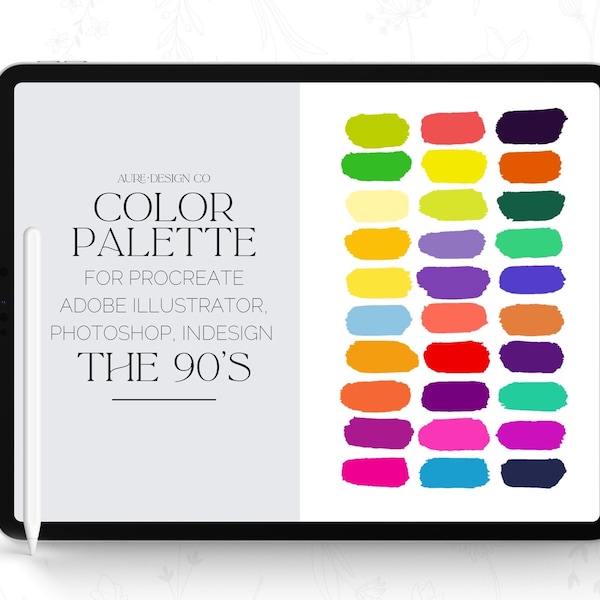 The 90s Color Palette for Procreate, Adobe Photoshop, Illustrator, and Indesign - 90s Themed Color Swatches for Designers and Artists